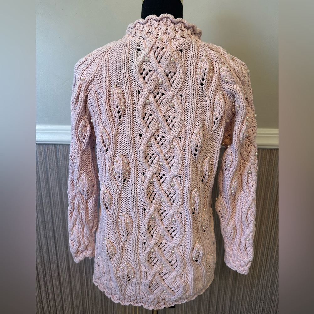 Vintage Yarnworks Pearl Embellished Cable Knit Sweater Pink Cottagecore Medium - Picture 6 of 9